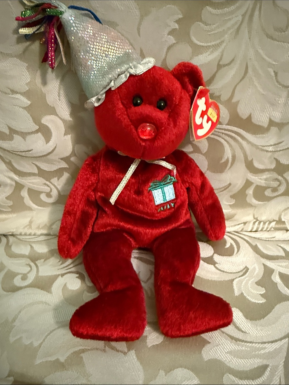 Ty Red Velvet Bear with Silver Party Hat and Gift Embroidery